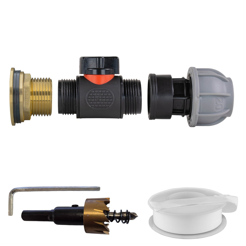 Water Butt Brass Kit 1" with In-Line Valve + 20mm MDPE and Drill Bit - Home & Garden > Lawn & Garden Tech Hose & Fittings