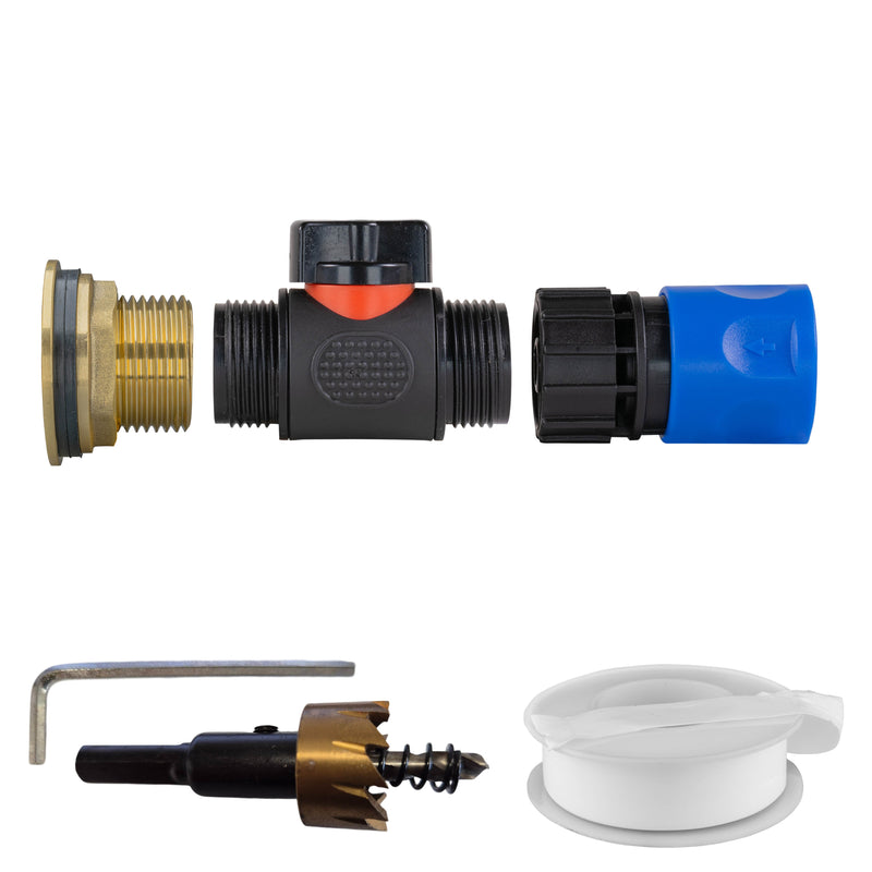 Water Butt Brass Kit 1" with In-Line Valve + Female Quick Connector Blue and Drill Bit - Home & Garden > Lawn & Garden Tech Hose & Fittings