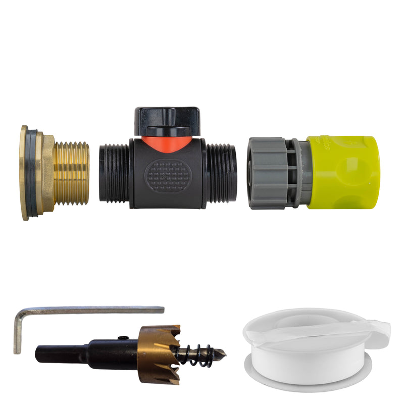 Water Butt Brass Kit 1" with In-Line Valve + Female Quick Connector Lime and Drill Bit - Home & Garden > Lawn & Garden Tech Hose & Fittings