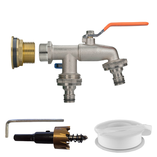 Water Butt Brass Kit 1" with Double Quick Connect Tap and Drill Bit - Home & Garden > Lawn & Garden Tech Hose & Fittings