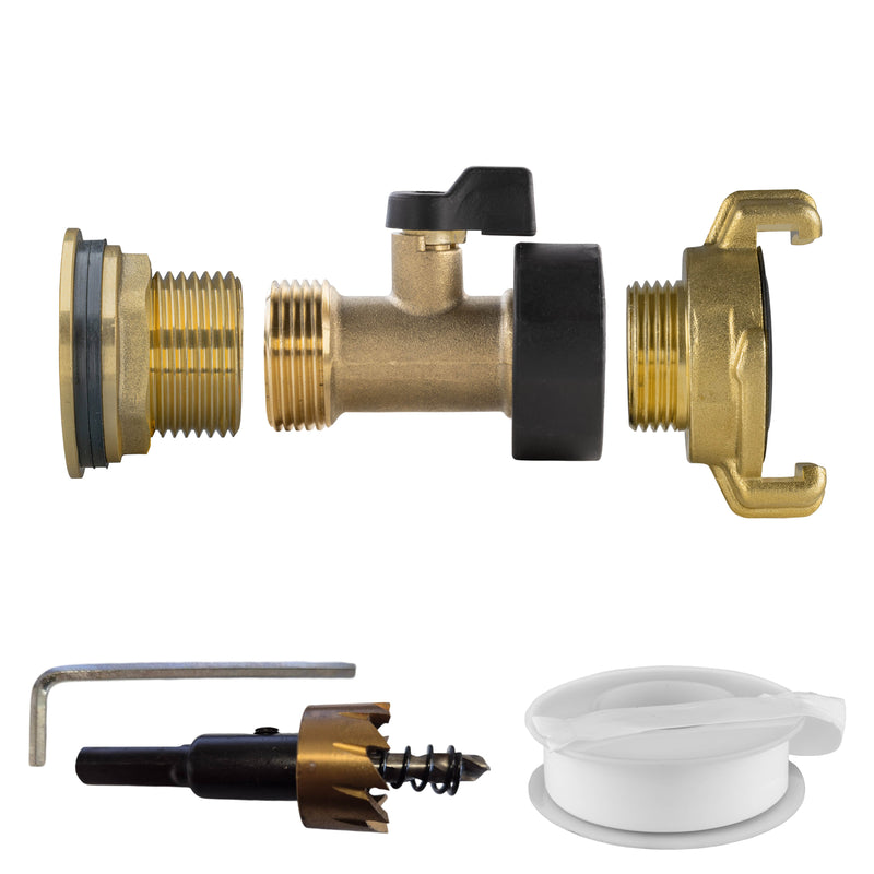Water Butt Brass Kit 1" with Brass Valve + Geka and Drill Bit - Home & Garden > Lawn & Garden Tech Hose & Fittings