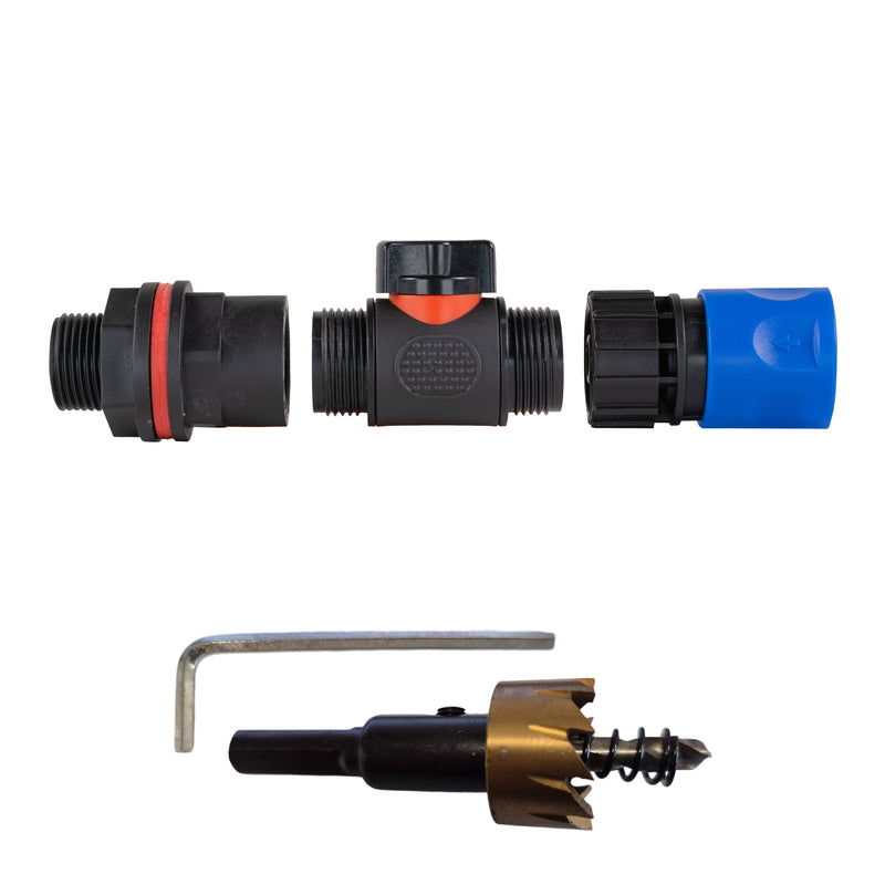 Water Butt Kit 3/4" with In-Line Valve + Female Quick Connector Blue and Drill Bit - Home & Garden > Lawn & Garden Tech Hose & Fittings