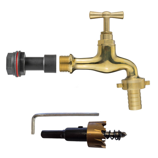 Water Butt Extension Kit 1/2" with 15mm Barbed Polished Brass Tap and Drill Bit - Home & Garden > Lawn & Garden Tech Hose & Fittings