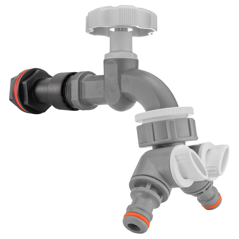 Water Butt Extension Kit 1/2" with Grey Dial Tap + Two-Way Splitter and Drill Bit - Home & Garden > Lawn & Garden Tech Hose & Fittings