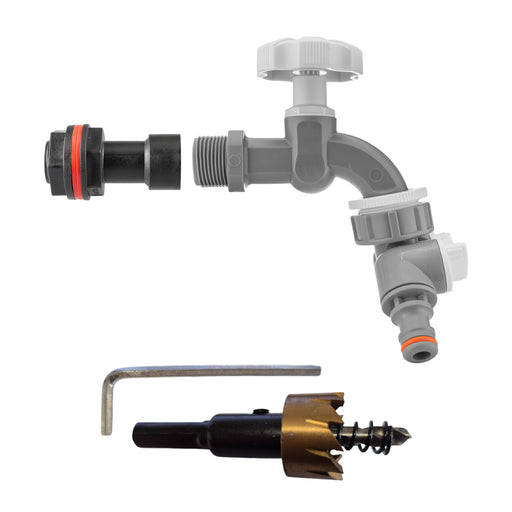 Water Butt Extension Kit 1/2" with Grey Dial Tap + Two-Way Splitter and Drill Bit - Home & Garden > Lawn & Garden Tech Hose & Fittings