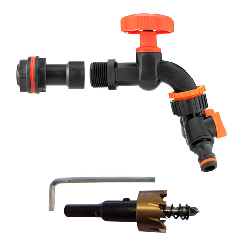 Water Butt Extension Kit 3/4" with Black Dial Tap + Two-Way Splitter and Drill Bit - Home & Garden > Lawn & Garden Tech Hose & Fittings