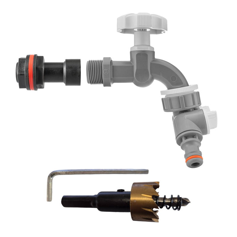 Water Butt Extension Kit 3/4" with Grey Dial Tap + Two-Way Splitter and Drill Bit - Home & Garden > Lawn & Garden Tech Hose & Fittings