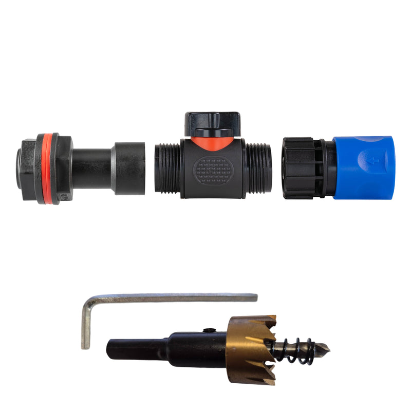 Water Butt Extension Kit 3/4" with In-Line Valve + Female Quick Connector Blue and Drill Bit - Home & Garden > Lawn & Garden Tech Hose & Fittings