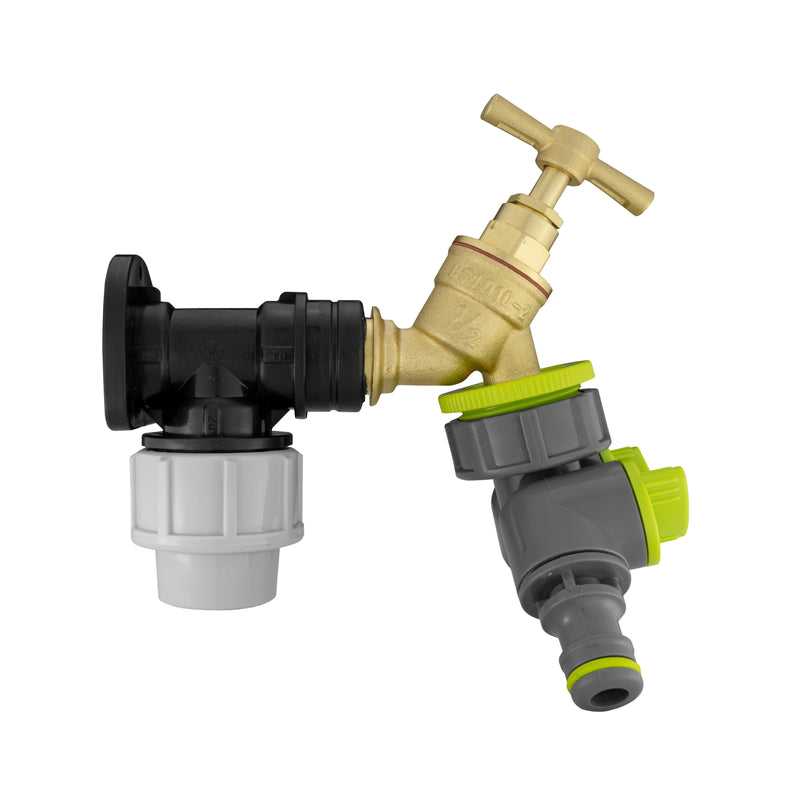 Wall Flange Kit 20mm MDPE - Brass Tap & Two Way Splitter - Home & Garden > Lawn & Garden Tech Hose & Fittings