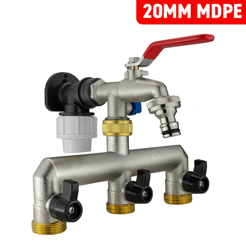 Wall Flange Kit 20mm MDPE + Triple Outlet Metal Splitter Tap - Home & Garden > Lawn & Garden Tech Hose & Fittings