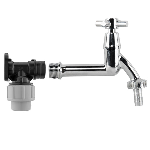 Wall Flange Kit 20mm MDPE - Extended Brass Chrome Tap 1/2" Barb - Garden watering