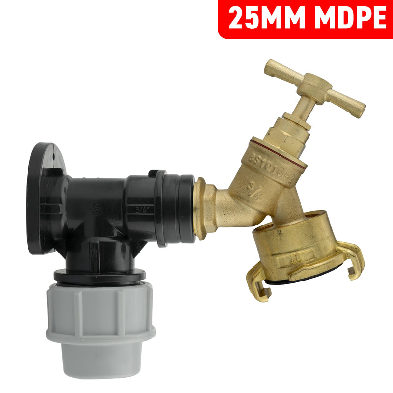 Wall Flange Kit 25mm MDPE + Brass Bib Tap with Geka Claw Outlet - Home & Garden > Lawn & Garden Tech Hose & Fittings