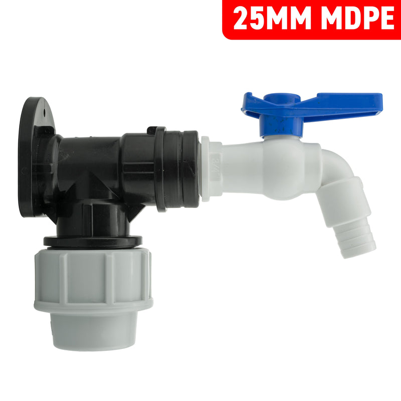 Wall Flange Kit 25mm MDPE + White PVC Tap - Home & Garden > Lawn & Garden Tech Hose & Fittings