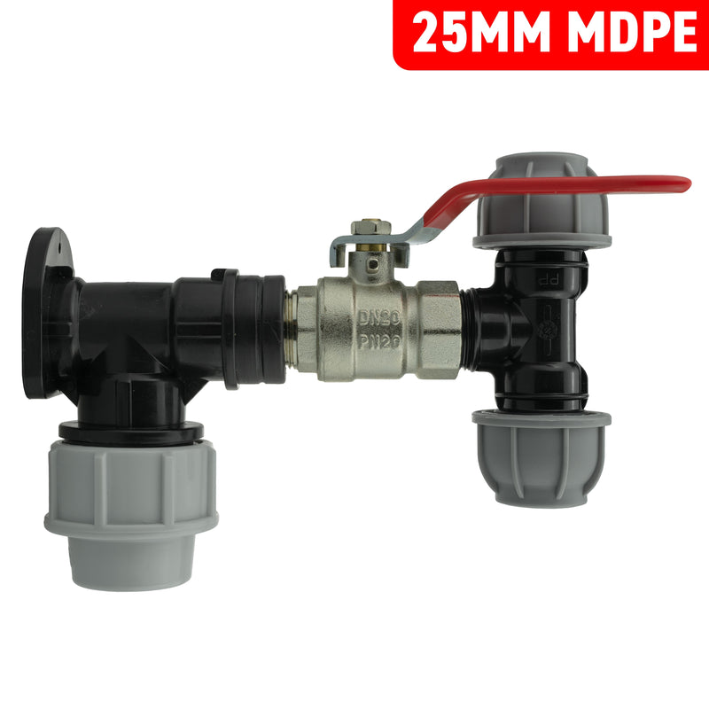 Wall Flange Kit 25mm MDPE + Lever Valve + 20mm MDPE Tee - Home & Garden > Lawn & Garden Tech Hose & Fittings