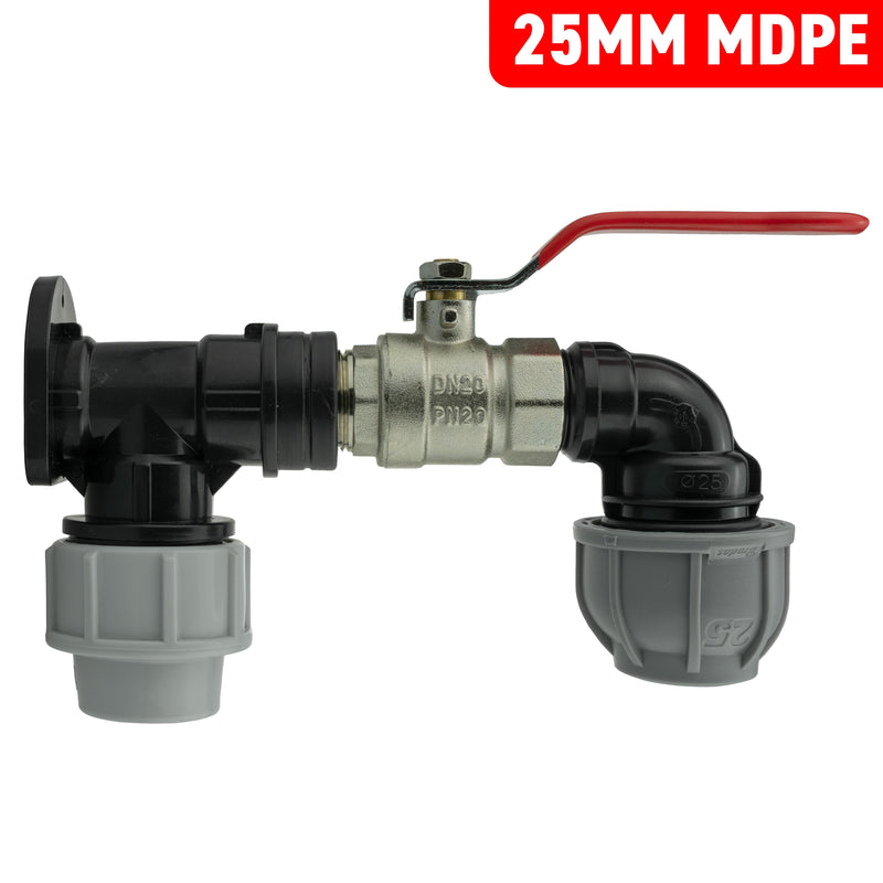 Wall Flange Kit 25mm MDPE + Lever Valve + 25mm MDPE Elbow - Home & Garden > Lawn & Garden Tech Hose & Fittings