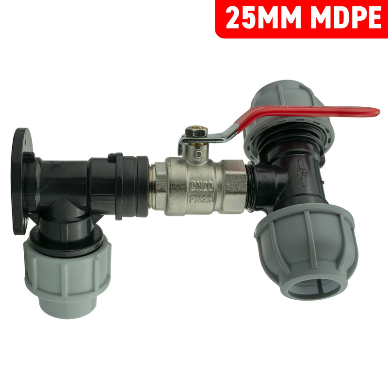 Wall Flange Kit 25mm MDPE + Lever Valve + 25mm MDPE Tee - Home & Garden > Lawn & Garden Tech Hose & Fittings