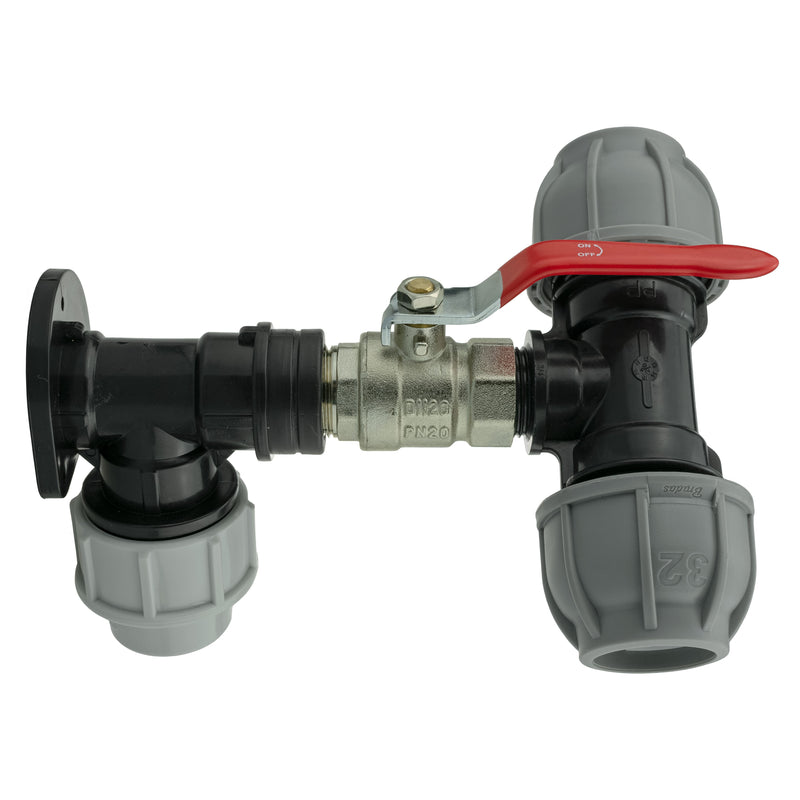 Wall Flange Kit 25mm MDPE + Lever Valve + 32mm MDPE Tee - Home & Garden > Lawn & Garden Tech Hose & Fittings