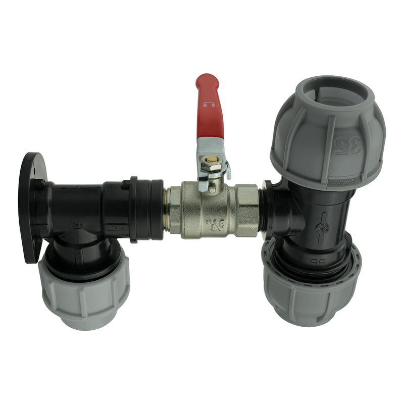 Wall Flange Kit 25mm MDPE + Lever Valve + 32mm MDPE Tee - Home & Garden > Lawn & Garden Tech Hose & Fittings