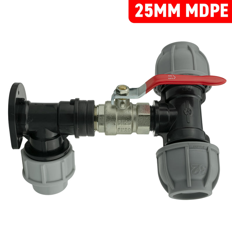 Wall Flange Kit 25mm MDPE + Lever Valve + 32mm MDPE Tee - Home & Garden > Lawn & Garden Tech Hose & Fittings