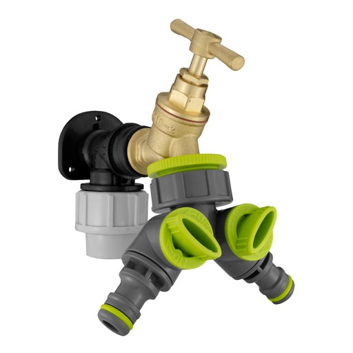 Wall Flange Kit 25mm MDPE + Brass Bib Tap + Lime Two Way Tap Splitter - Home & Garden > Lawn & Garden Tech Hose & Fittings