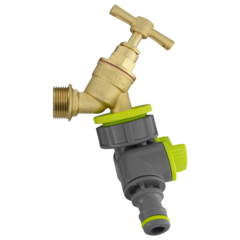 Wall Flange Kit 25mm MDPE + Brass Bib Tap + Lime Two Way Tap Splitter - Home & Garden > Lawn & Garden Tech Hose & Fittings
