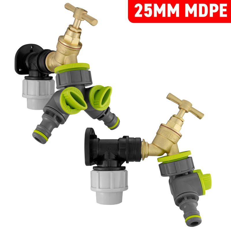 Wall Flange Kit 25mm MDPE + Brass Bib Tap + Lime Two Way Tap Splitter - Home & Garden > Lawn & Garden Tech Hose & Fittings