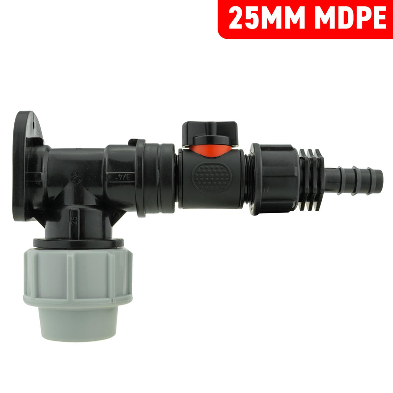 Wall Flange Kit 25mm MDPE + In-Line Valve + 1/2" Barb - Home & Garden > Lawn & Garden Tech Hose & Fittings