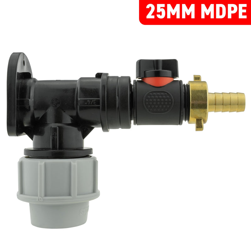 Wall Flange Kit 25mm MDPE + In-Line Valve + 13mm Brass Barb - Home & Garden > Lawn & Garden Tech Hose & Fittings