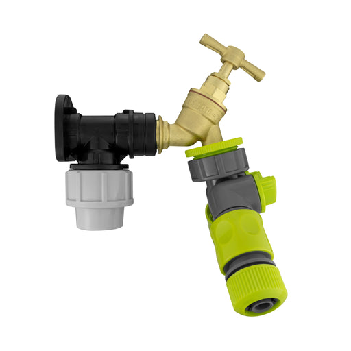 Wall Flange Kit 25mm MDPE + Brass Bib Tap + Two Way Splitter + Connectors - Home & Garden > Lawn & Garden Tech Hose & Fittings
