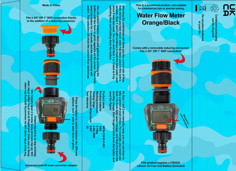 Water Flow Meter Black/Orange - Hardware > Tools > Measuring Tools & Sensors > Flow Meters & Controllers