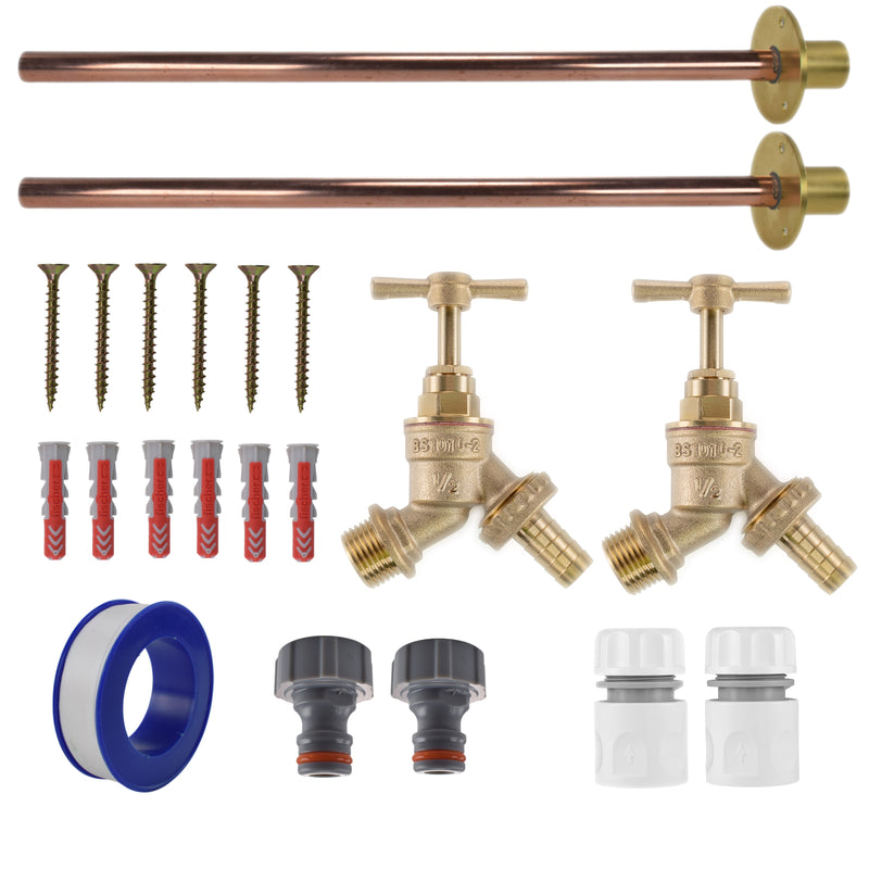 Brass Barbed Bib Tap BASIC Connection Kit x2 - Garden watering