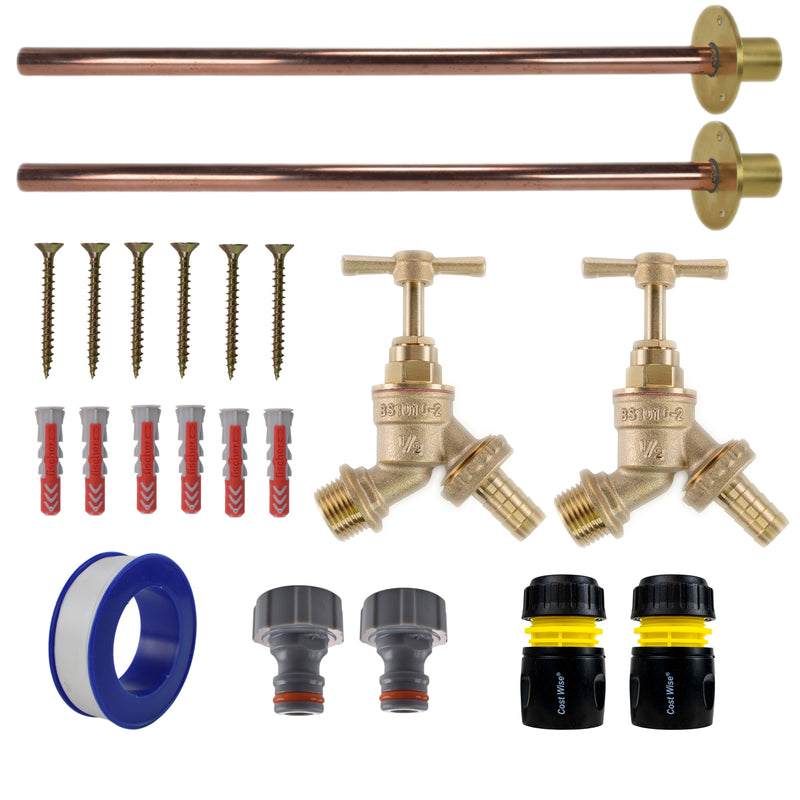 Brass Barbed Bib Tap BASIC Connection Kit x2 - Garden watering
