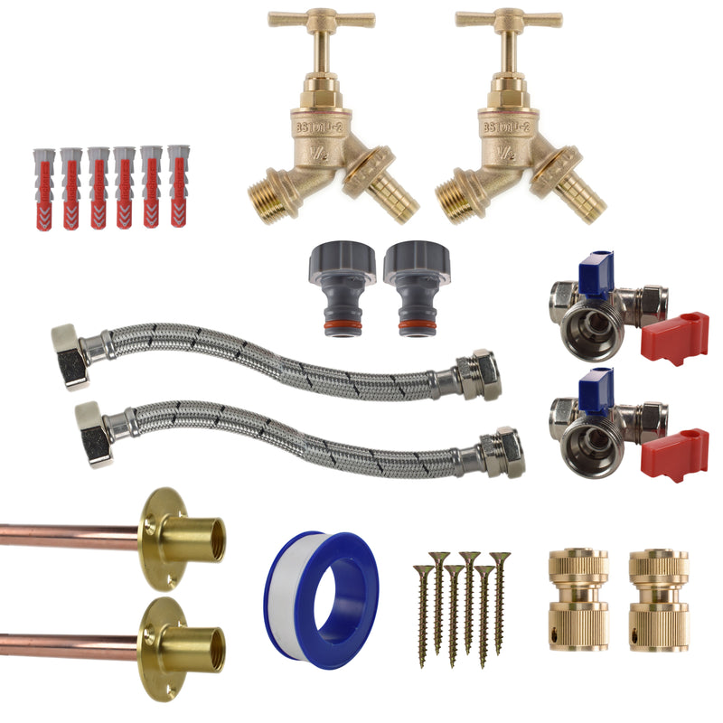 Brass Barbed Bib Tap STANDARD Connection Kit x2 - Garden watering
