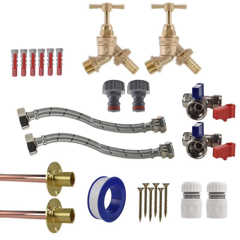 Brass Barbed Bib Tap STANDARD Connection Kit x2 - Garden watering
