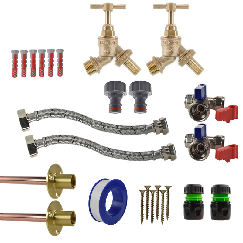 Brass Barbed Bib Tap STANDARD Connection Kit x2 - Garden watering
