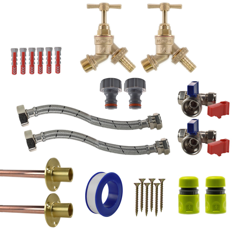 Brass Barbed Bib Tap STANDARD Connection Kit x2 - Garden watering