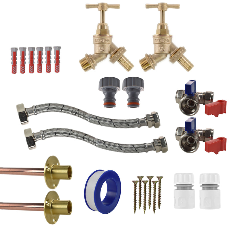 Brass Barbed Bib Tap STANDARD Connection Kit x2 - Garden watering