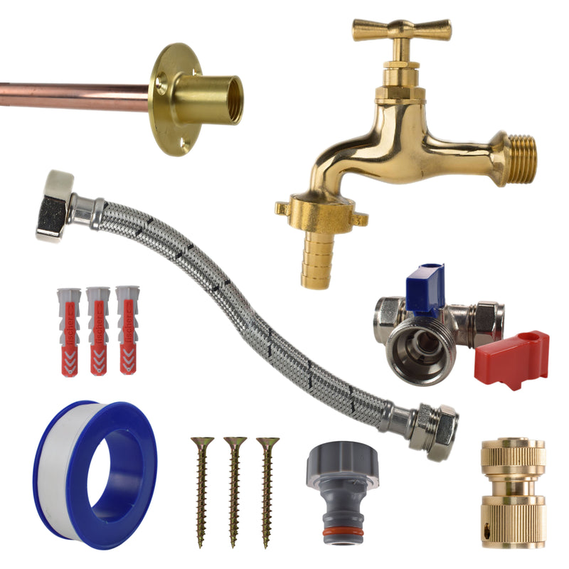 Polished Brass 13mm Barb Tap STANDARD Connection Kit - Garden watering