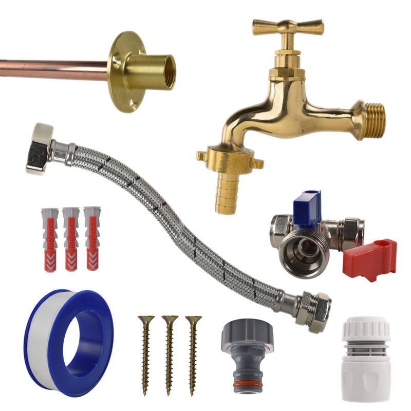 Polished Brass 13mm Barb Tap STANDARD Connection Kit - Garden watering