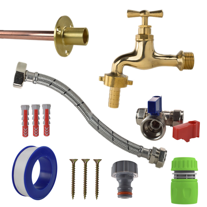 Polished Brass 13mm Barb Tap STANDARD Connection Kit - Garden watering