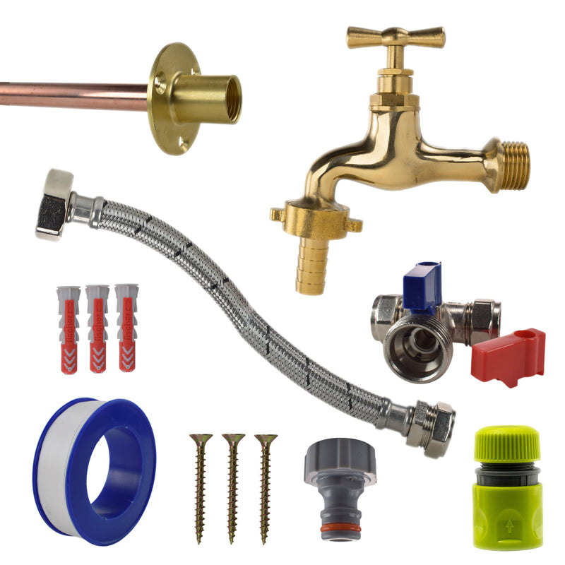 Polished Brass 13mm Barb Tap STANDARD Connection Kit - Garden watering