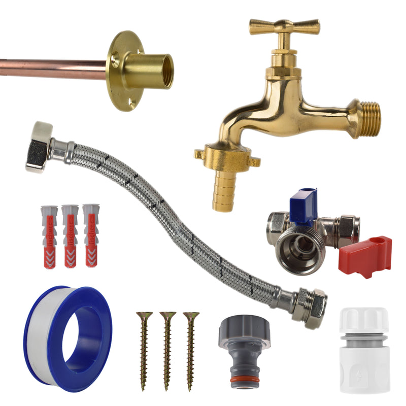 Polished Brass 13mm Barb Tap STANDARD Connection Kit - Garden watering