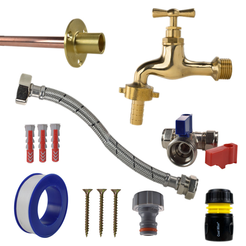 Polished Brass 13mm Barb Tap STANDARD Connection Kit - Garden watering