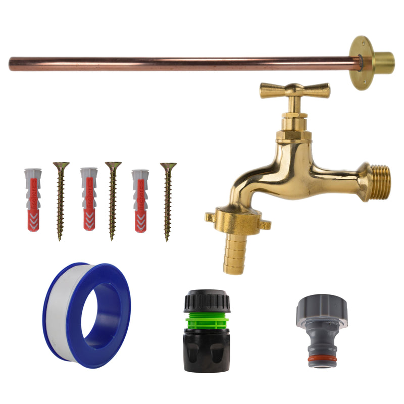 Polished Brass 13mm Barb Tap BASIC Connection Kit - Garden watering