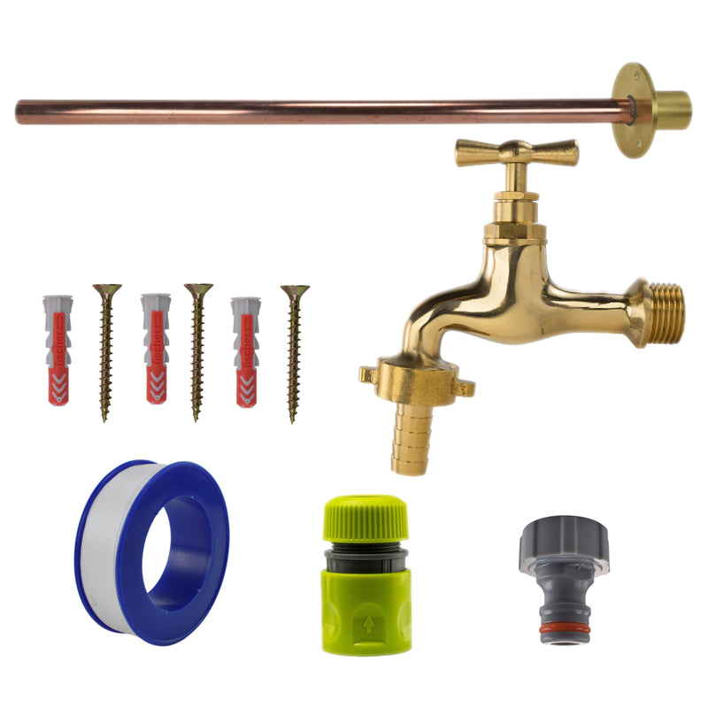 Polished Brass 13mm Barb Tap BASIC Connection Kit - Garden watering