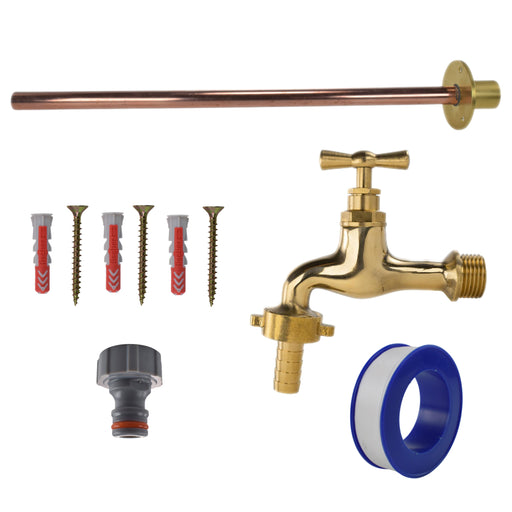 Polished Brass 13mm Barb Tap BASIC Connection Kit - Garden watering