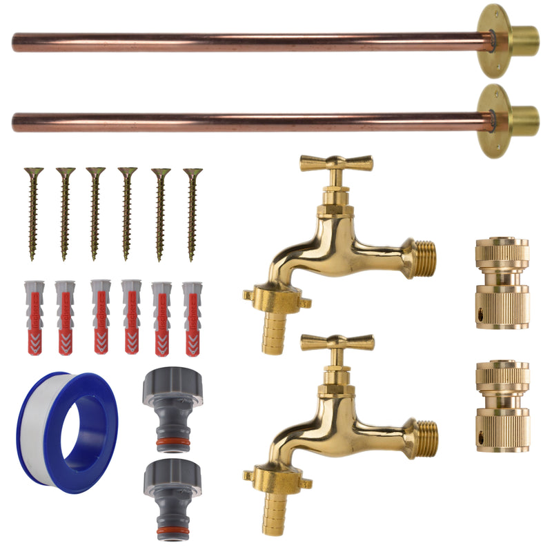 Polished Brass 13mm Barb Tap BASIC Connection Kit x2 - Garden watering