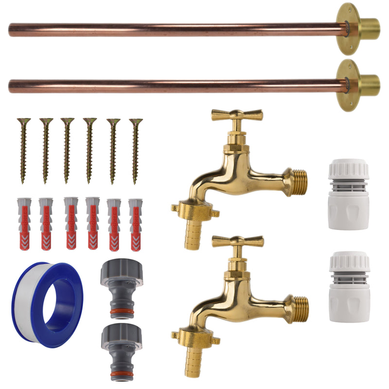 Polished Brass 13mm Barb Tap BASIC Connection Kit x2 - Garden watering