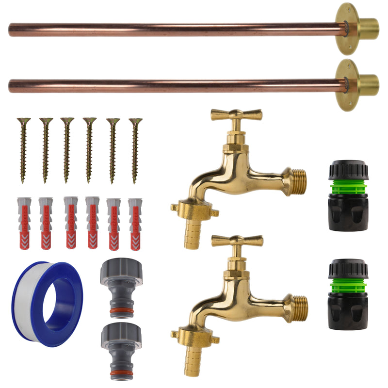 Polished Brass 13mm Barb Tap BASIC Connection Kit x2 - Garden watering