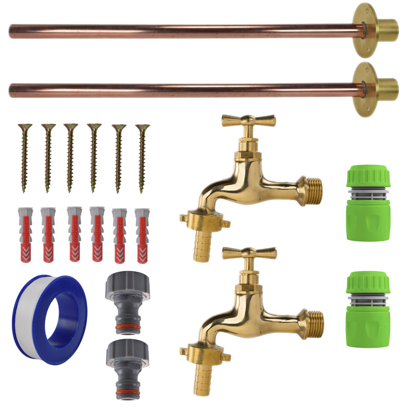 Polished Brass 13mm Barb Tap BASIC Connection Kit x2 - Garden watering